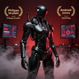 concept art of a cyborg, cyberpunk, surrounded by smoke, award-winning art, black on red, hyperrealistic, by Philippe Druillet, by Kilian Eng, by Android Jones, computer screens in the background, trending on Artstation, dark, dramatic, cinematic, realistic studio lighting, raytracing, 4k, professional, canon