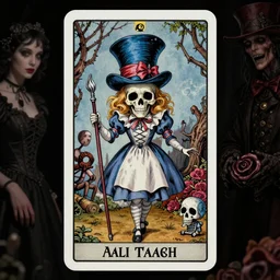 Alice in Wonderland Mad Hatter Death Tarot card,highly detailed,half skull face,cinematic,8k,by Stanley Artgermm,Tom Bagshaw,Greg Rutkowski,Carne Griffiths, Ayami Kojima, Beksinski, Giger,trending on DeviantArt,hyper detailed,horror, full of colour
