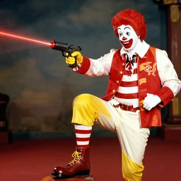 colonel sanders with a laser gun shooting ronald mcdonald's knee