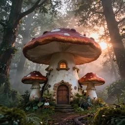 a mushroom house in the misty woods, fantasy, final fantasy 7, sunset, inspired by tim burton, cinematic light, octane render, photorealistic, ultra detailed
