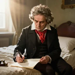 beethoven's last days alive, he is sitting on his 1800s bed and writing a piece on a sheet of paper, sun flare.