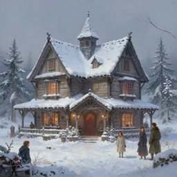 A beautiful matte painting of a wintery fantasy inn Michael Whelan, Clyde Caldwell,Brothers Hildebrandt, thomas kincade, trending on artstation