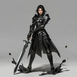 A heroine wearing black armor, she is holding a black sword, League of legends splash art