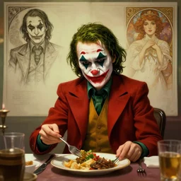 the joker eating dinner, character sheet, character design, contrast, deep focus, turnaround, highly detailed, dramatic lighting, digital painting, artstation, concept art, matte, sharp focus, illustration, elegant, art by artgerm and greg f and alphonse mucha.