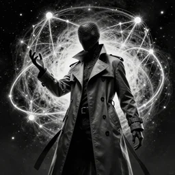 trench - coat wearing entity, galaxy bender experiencing the quantum field, elevated consciousness, beautiful astrological neural network, matte painting and comic book art, twist of time, realistic, trending on artstation, sharp focus, depth of field, cinematic composition, physics black and white with splashes of colors, science fiction