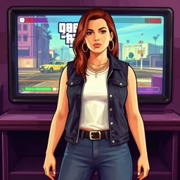 illustration gta 5 artwork of christina haack, in the style of gta 5 loading screen, by stephen bliss