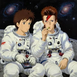 close up portrait of david bowie and astronaut major tom, sit on the dark side of the moon, listen to pink floyd on an old cassette recorder and smoke a ganja joint, enjoying the contemplation of deep space with millions of galaxies : baroque oil painting anime, by greg rutkowski makoto shinkai takashi takeuchi studio ghibli