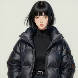 a ultradetailed beautiful painting of a stylish woman in a puffer jacket, she has short black hair with bangs, by conrad roset, greg rutkowski and makoto shinkai trending on artstation
