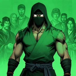 matte painting, professional portrait of a muscular hooded ninja warrior, japanese clothes, japanese fashion, green color scene, white eyes, graphic novel style, by peter mohrbacher, rossdraws, greg rutkowski, pieter bruegel the elder, kuvshinov, sam yang