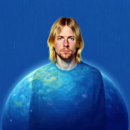 distant portrait of kurt cobain from nirvana on a blue planet where it rains colors. by bayard wu, fantasy, photorealistic, octane render, unreal engine, dynamic lighting, trending on artstation, poster, volumetric lighting, very detailed faces, 4 k, award winning