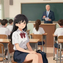 an extremely detailed painting of joe biden dressed as an anime girl sitting in high school waiting for the teacher, digital art, pixiv, 4 k, clear shapes, anime style, anime key visual