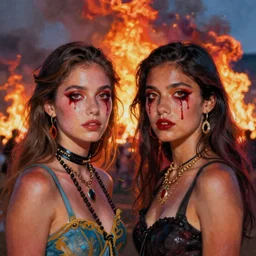 minimalist photograph of beautiful Coachella influencers with bleeding eyes in front of wildfires, detailed ambient lighting, hyper realistic, vibrant colors, cinematic, Pop art style, digital art painting by Keith Thompson, cinematic, 35mm grain filter, artstation