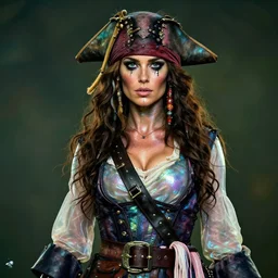 a swashbuckling woman pirate portrait in national geographic, her clothing is sheer and futuristic, painted with iridescent bodypaint