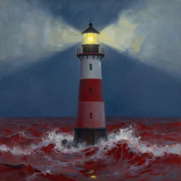 a beautiful painting of a singular lighthouse, shining its light across a tumultuous sea of blood by greg rutkowski and thomas kinkade, trending on artstation