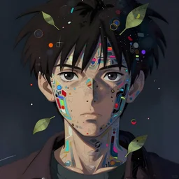 abstract portrait, cyberpunk anime hero, floating detailes, very detailed face, dark mood, leaves by miyazaki, colorful palette illustration, kenneth blom, mental alchemy, james jean, pablo amaringo, naudline pierre, contemporary art, hyper detailed