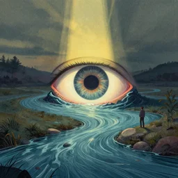 editorial illustration by karolis strautniekas and mads berg, melting into rivers, all seeing eye, colorful, fine texture, detailed, muted colors, film noir, dramatic lighting, dynamic composition, vivid, matte print, wide angle, ( ( sunbeams ) ), moody, extreme
