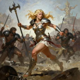 A full length portrait of a very beautiful blonde berserker woman, running into battle by Frank Frazetta, Greg Rutkowski, Boris Vallejo, epic fantasy character art, goddess of war, Exquisite detail, post-processing, low angle, masterpiece, cinematic