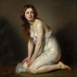 thinking man kneeling in front of a nymph, painting