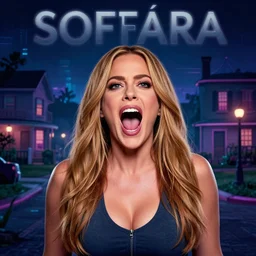 a horror movie poster, staring Sofía Vergara screaming, neighborhood themed, synthwave, cyberwave, by Sam Werczler and Matthew Skiff and Tom Whalen