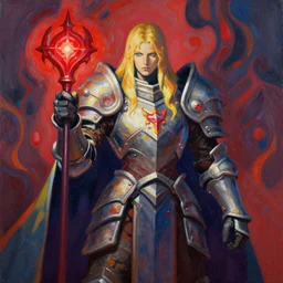 blonde paladin holding a red fantasy amulet, heavy armor, gloomhaven, luminescent, organic painting, matte painting, bold shapes, hard edges, gaudy colors, octane render, unreal engine, by greg manchess, huang guangjian, gil elvgren, sachin teng, greg rutkowski, jesper ejsing, ilya kuvshinov
