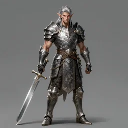 A full body illustration of a male elf, silver hair, red eyes, heavy armor, broadsword, muscular, attractive, command presence, royalty, weathered face, gritty, hard shadows, smooth, illustration, concept art, highly detailed, muscle definition, ArtStation, ArtStation HQ