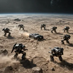 ariel view, wide angle view, war mechs fighting, mech battlefield, war - torn, desolate gloomy planet, science fiction