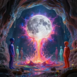 jelly rococo gel underground caves and the moon bursting plasma and colorful auras, liquid, drippy, splashing, scifi 3 d paint spray by beeple, rob gonsalves, jeff koons, jacek yerka, m. c. escher