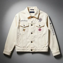 denim jacket, japanese influence, japanese words on jacket, rose on jacket, small owl symbol on jacket, high class, photoshoot, photo product, photo studio, catalogue product, greyish background, top light, spotlight, high society, detailed, class, classy, 5 5 mm, full frame, 8 k, hd, uhd, sharpen, high detail, ultra quality, off white, louis vuitton, gucci, givanchy, high class branded, hype beast