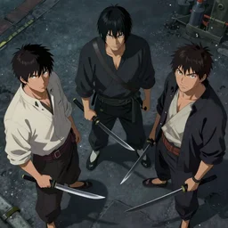 high angle shot, overhead shot, hyperdetailed masterpiece concept art of 3 Japanese gangsters holding knives on the street with dim light, 4k Detailed Matte Illustration trending on ArtStation