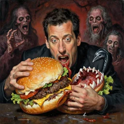 portrait of adam sandler being eaten by a giant hamburger with shark teeth, monstrous painting by karol bak, greg hildebrandt, and mark brooks, hauntingly surreal, gothic, horrifying fear.