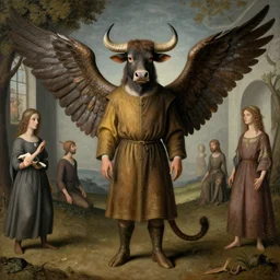 matte symmetrical portrait of romanesque farmer with a buffalo head, reptile tail and eagle wings. a surrealist interior mental landscape by hieronymus bosch, cyril rolando, esher and natalie shau, whimsical, profound, impossible. trending on devaintart.
