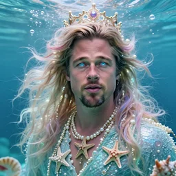 brad pitt portrait, fantasy, mermaid, hyperrealistic, game character, underwater, highly detailed, sharp focus, cinematic lighting, pearls, glowing hair, shells, gills, crown, water, highlights, starfish, jewelry, realistic, digital art, pastel, magic, fiction, ocean, king, colorful hair, sparkly eyes, fish, heroic, god, waves, bubbles, king