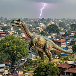 dinosaur in kathmandu city, entire city visible, cinematic, day time, spring season, greenary, traffic visible, people visible, detailed, high quality, dynamic lightning