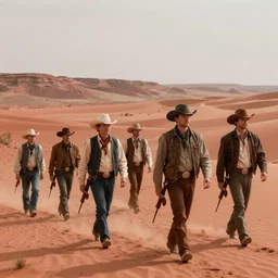 group of cowboys walking through the red martian desert, retrofuturism sci - fi old movie, highly detailed, photorealistic, 8 k, by beksinski and stalenhag