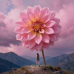 giant dahlia flower as the head, girl walking on mountain, surreal photography, pink storm clouds, dramatic light, impressionist painting, digital painting, artstation, simon stalenhag