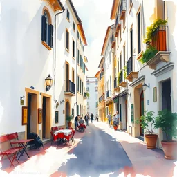 abstract watercolor painting of spanish street, white buildings, summer, magical and traditional, cinematic light, french cafe, sharp shadows, daylight, national romanticism by anders zorn, by greg rutkowski, by greg manchess