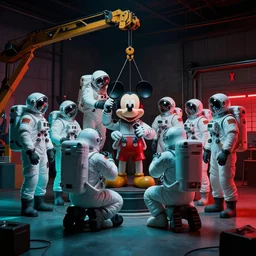 nine austronauts in spacesuits, repairing a mickey mouse robot head held down by a crane, in a garage owned by netflix, dark dystopian environment, with cyan lights lighting the foreground and red lights in the background, made by beeple, sigma 5 0 mm