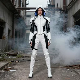 beautiful fashion model with white sci - fi tactical gear, black leather garment, hologram sci - fi hood, full shot fashion photography, alleyway, abandoned factory, battle ready, acid smoke, by irving penn and storm thorgerson, ren heng, peter elson