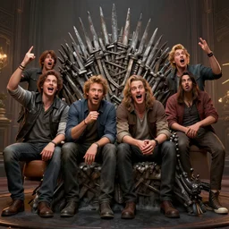 a highly detailed picture of the reaction guys sitting on a couch that looks like the iron throne, four excited men, 8 k, artstation, volumetric lighting, smooth, highly detailed, octane render, by andres rocha and albert bierstadt and greg rutkowski