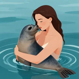 a woman just risen from the sea ; a seal is embracing her artstation trending