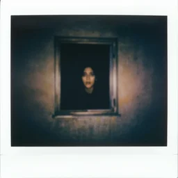 dark room with a face peering through a window, distuburbing, horror, nightmare, terrifying, surreal, nightmare fuel, old polaroid, blurry, expired film, lost footage, found footage,