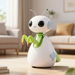 promotional photo from sony of a cute rounded pet robot shaped like a praying - mantis, in a sunny living - room.