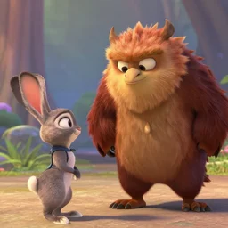 a griffin talking to a rabbit, pixar