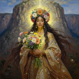 portrait oil painting, a beautiful young dark woman, floral headdress, flowers, holding a bouquet of flowers, glowing figure, large cliffs and sky, long flowing hair, ornate robe, ultra realistic, wide angle, intricate details, artifacts, luminous skies, highly detailed, michael cheval, peter mohrbacher, boris vallejo, jessica rossier, oil painting, highly detailed, cinematic lighting