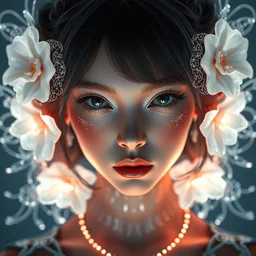 very up close symmetrical sci fi portrait of fashion elegant sophisticated of a translucent digital porcelain very beautiful cyborg lolita girl, dramatic lighting, ultra detailed ornate fractal neon wire decoration, radiant skin, rich luscious thick hair, complex white nano mechanical baroque flowers, micro detail, by satoshi kon, sharp focus, trending on artstation hq, deviantart, pinterest, unreal engine, 8 k