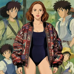 a beautiful! boyish! natalie portman alluring gravure! model, wearing oversized mayan bomber jacket and leotard with overalls, bulky poofy bomber jacket with mayan patterns, aztec street fashion, gapmoe yandere grimdark, trending on pixiv fanbox, painted by greg rutkowski makoto shinkai takashi takeuchi studio ghibli, akihiko yoshida