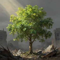 a tree growing in the rubble of a post - apocalypse city wasteland, gray dull background, vibrant colorful green leaves, hyperrealistic, very detailed leaves, sharp focus, highly detailed, cinematic, ray of golden sunlight, digital art, soft lightning, muted colors, oil painting by greg rutkowski