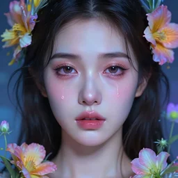 beautiful, young woman, extremely detailed gorgeous face, looks realistic, hyper-detailed portrait, sad eyes tears, vaporwave aesthetic, synthwave, magical, fantasy, flowers, artist Artgerm i and WLOP