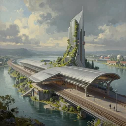 a beautiful detailed painting of railway station nature by richard rogers, architecture island evil sci - fi, archdaily, wallpaper, highly detailed, trending on artstation.