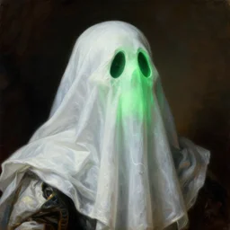 a baroque neoclassicist close - up portrait of a glowing green cartoon halloween ghost wearing a white liquid sheet. renaissance portrait. highly detailed science fiction horror painting by norman rockwell, frank frazetta, and syd mead. rich colors, high contrast, gloomy, dark background. artstation
